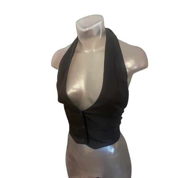 Vintage Y2K TO THE MAX Tuxedo Halter Crop Top Vest Backless Black Size Large L - Picture 2 of 7